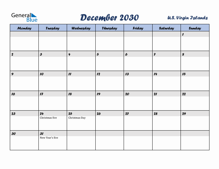 December 2030 Calendar with Holidays in U.S. Virgin Islands
