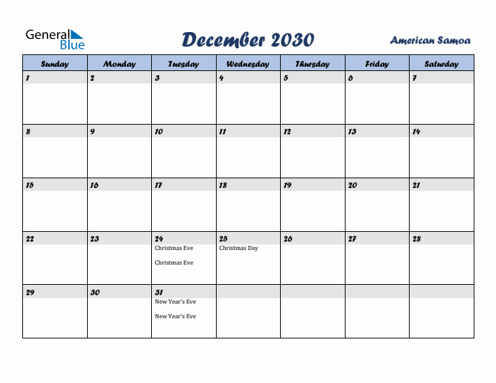 December 2030 Calendar with Holidays in American Samoa