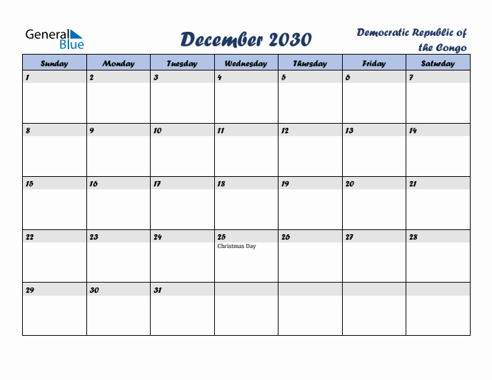 December 2030 Calendar with Holidays in Democratic Republic of the Congo