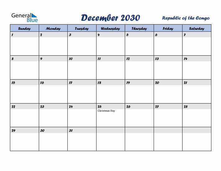 December 2030 Calendar with Holidays in Republic of the Congo