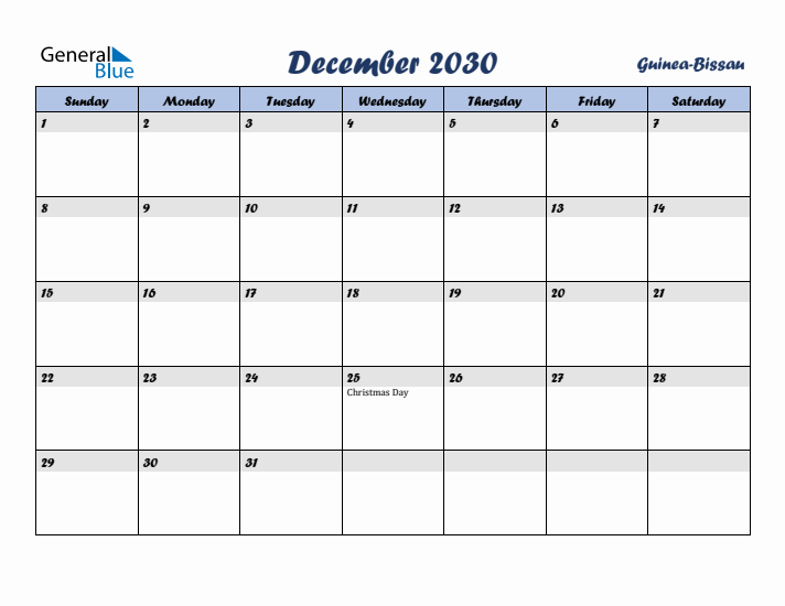 December 2030 Calendar with Holidays in Guinea-Bissau
