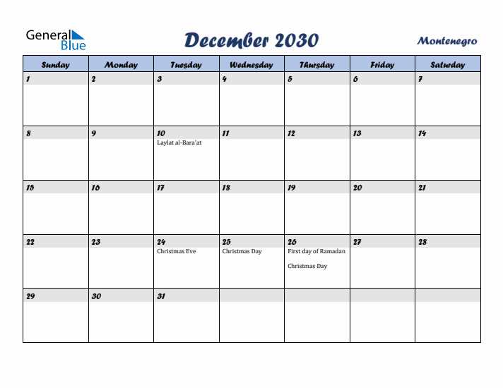 December 2030 Calendar with Holidays in Montenegro