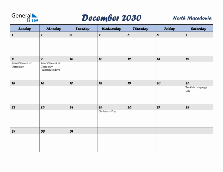 December 2030 Calendar with Holidays in North Macedonia