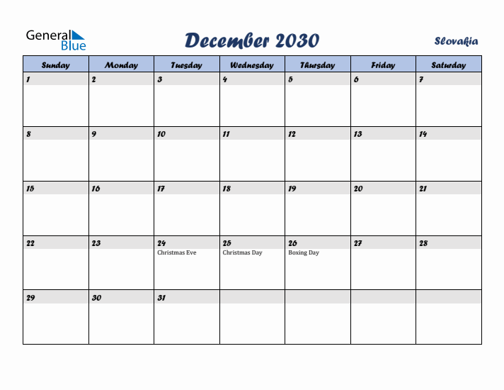 December 2030 Calendar with Holidays in Slovakia