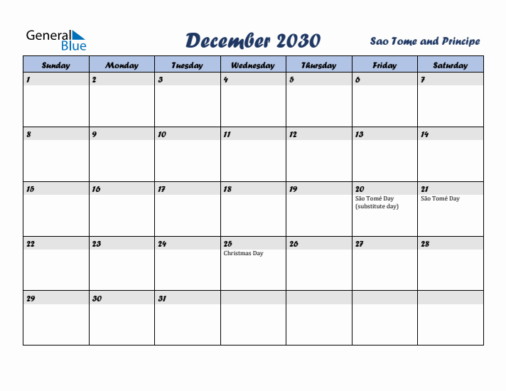 December 2030 Calendar with Holidays in Sao Tome and Principe