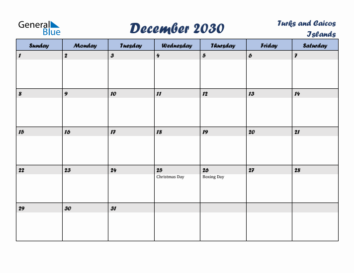 December 2030 Calendar with Holidays in Turks and Caicos Islands