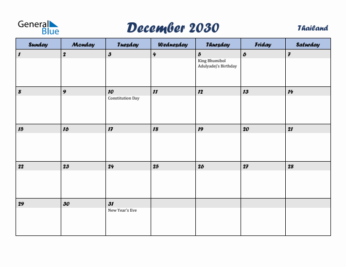 December 2030 Calendar with Holidays in Thailand