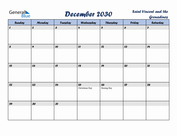 December 2030 Calendar with Holidays in Saint Vincent and the Grenadines
