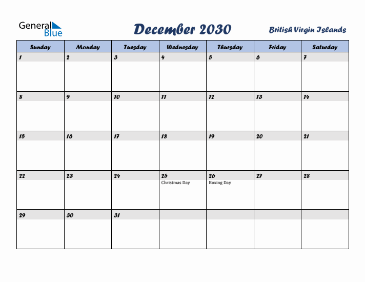 December 2030 Calendar with Holidays in British Virgin Islands