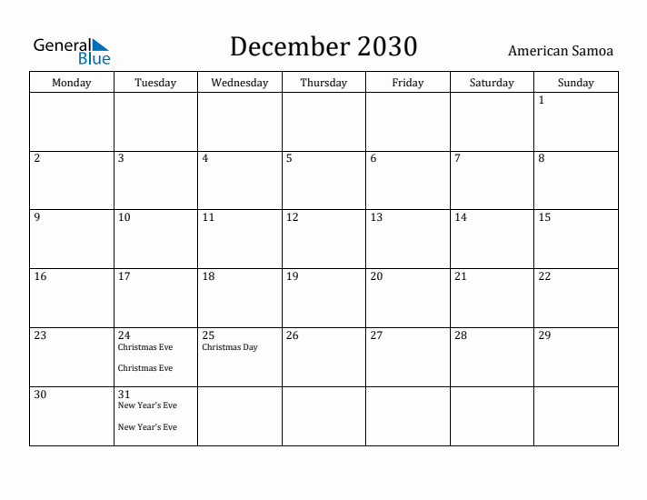 December 2030 Calendar American Samoa