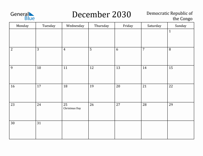 December 2030 Calendar Democratic Republic of the Congo