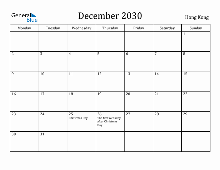 December 2030 Calendar Hong Kong