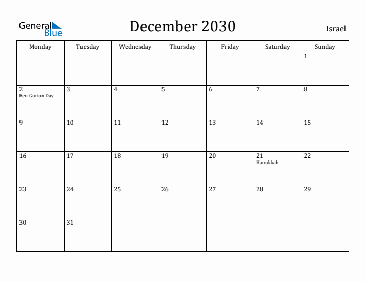 December 2030 Calendar Israel