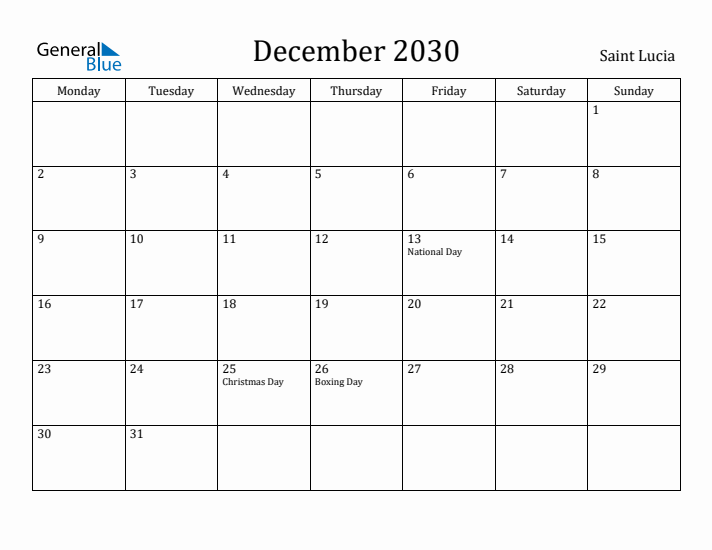December 2030 Calendar Saint Lucia