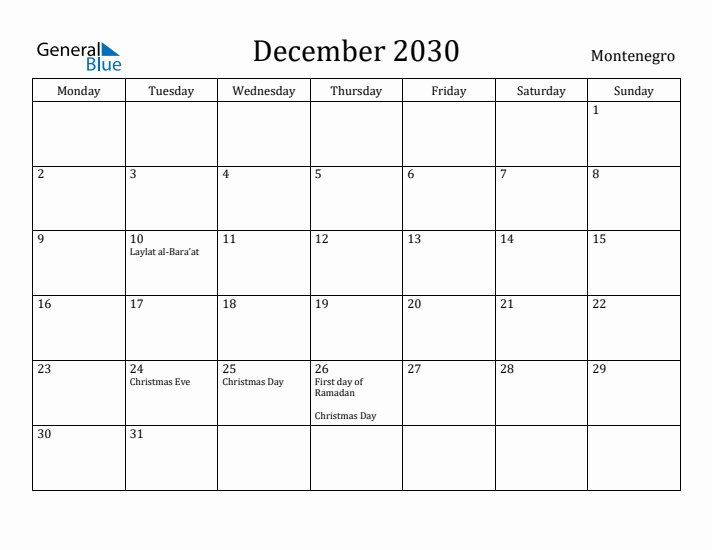 December 2030 Calendar Montenegro