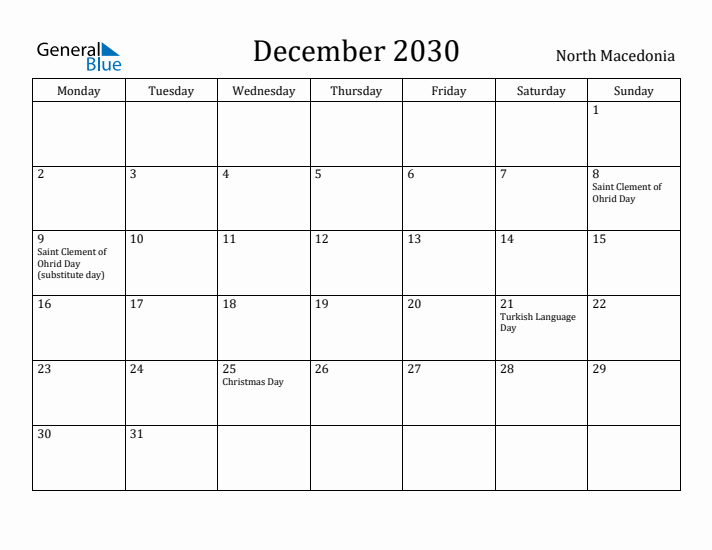 December 2030 Calendar North Macedonia