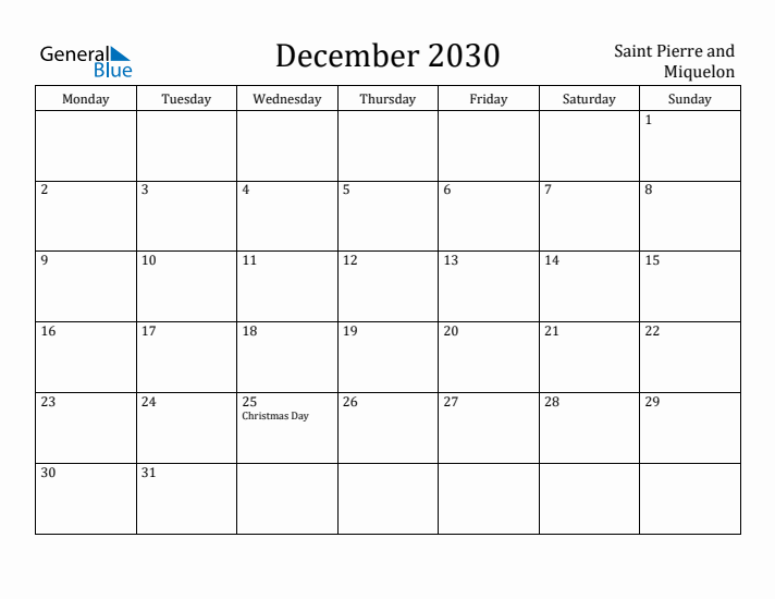 December 2030 Calendar Saint Pierre and Miquelon