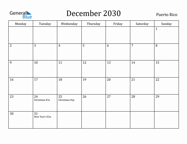 December 2030 Calendar Puerto Rico