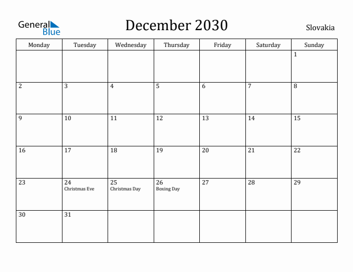 December 2030 Calendar Slovakia