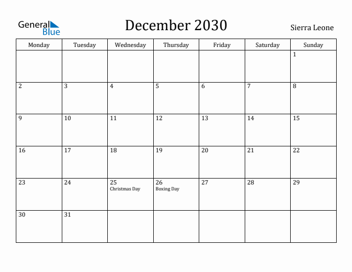 December 2030 Calendar Sierra Leone