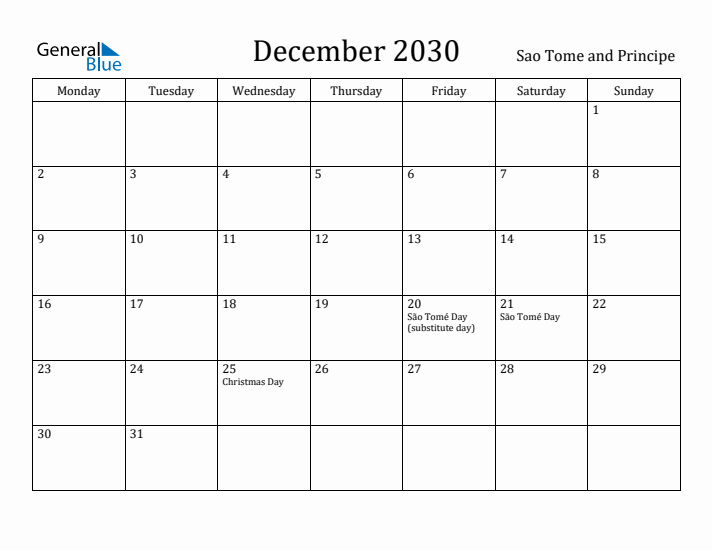 December 2030 Calendar Sao Tome and Principe