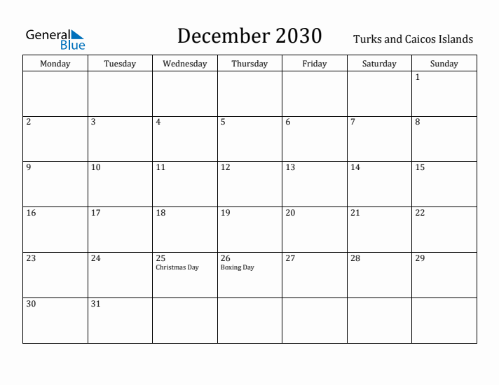 December 2030 Calendar Turks and Caicos Islands