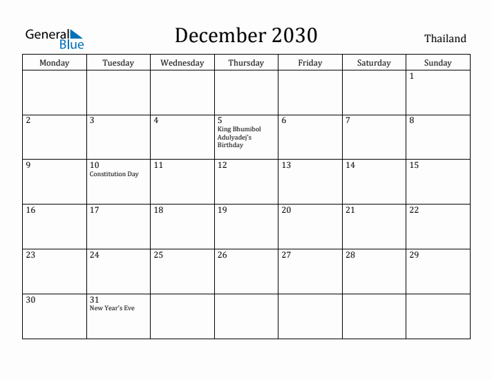 December 2030 Calendar Thailand