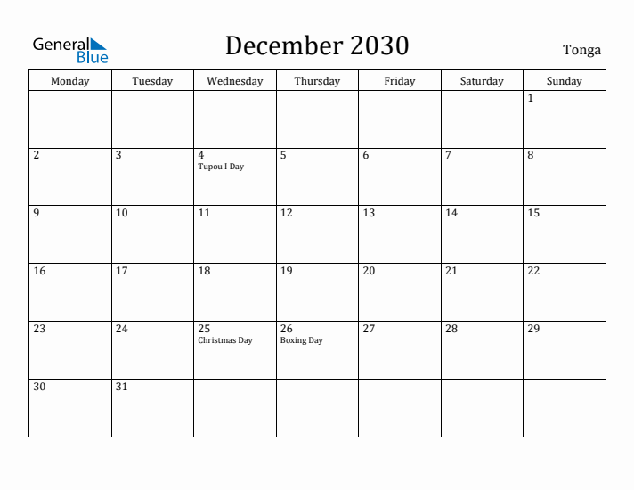 December 2030 Calendar Tonga