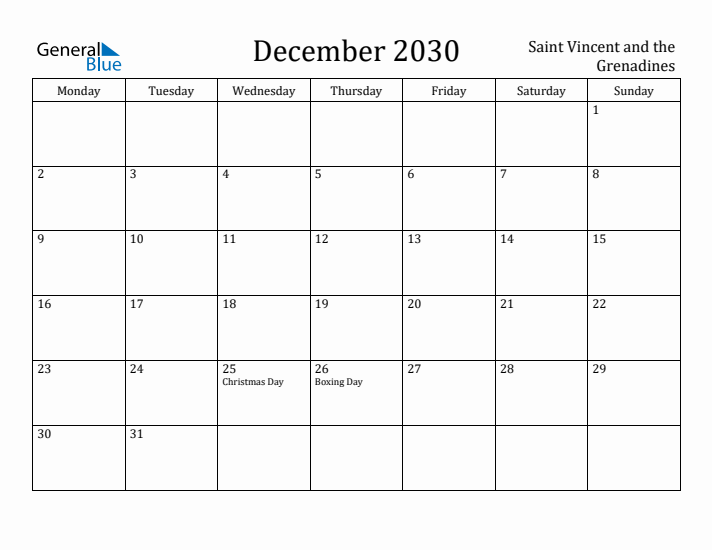 December 2030 Calendar Saint Vincent and the Grenadines