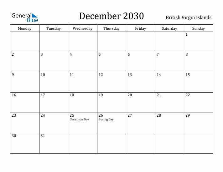 December 2030 Calendar British Virgin Islands