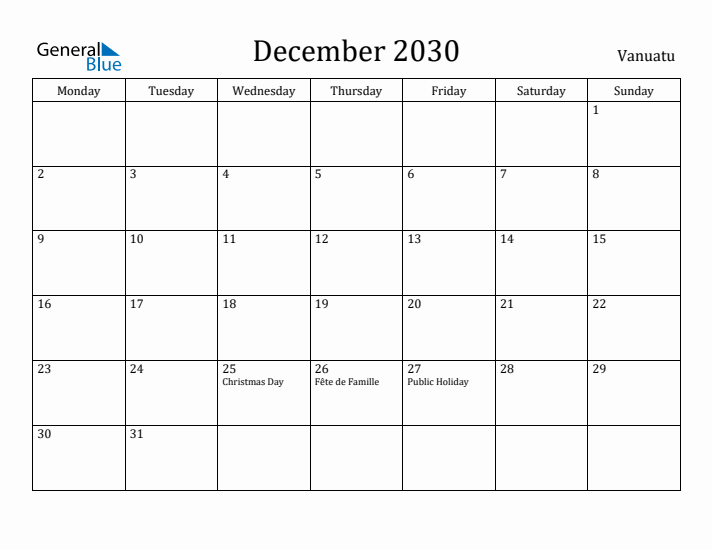 December 2030 Calendar Vanuatu