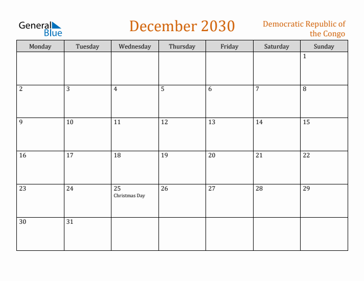 December 2030 Holiday Calendar with Monday Start