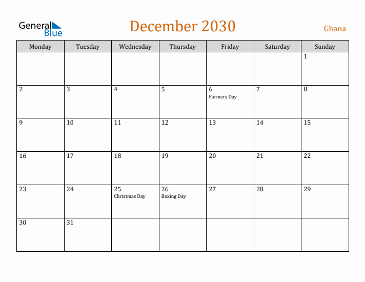 December 2030 Holiday Calendar with Monday Start