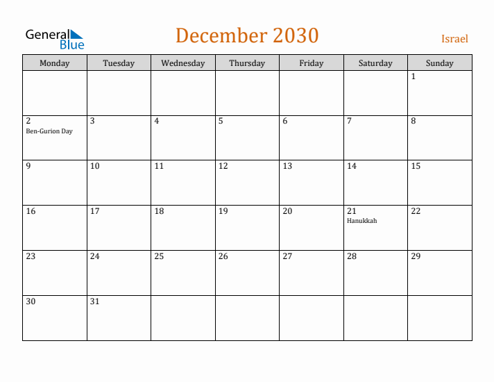 December 2030 Holiday Calendar with Monday Start