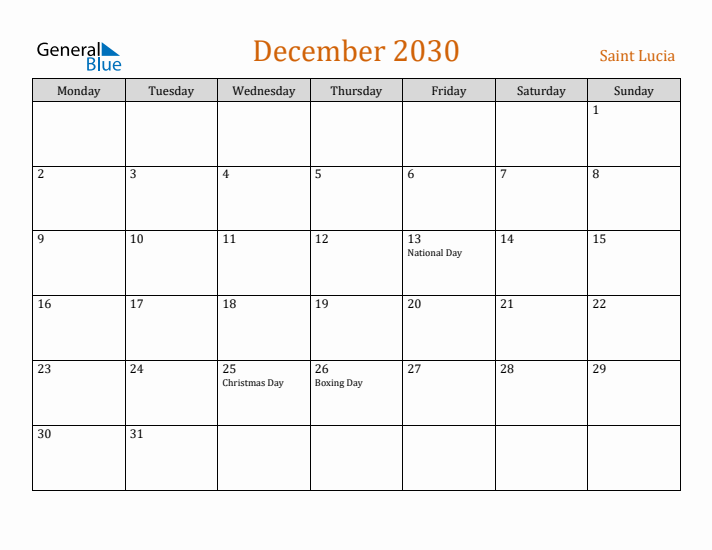 December 2030 Holiday Calendar with Monday Start
