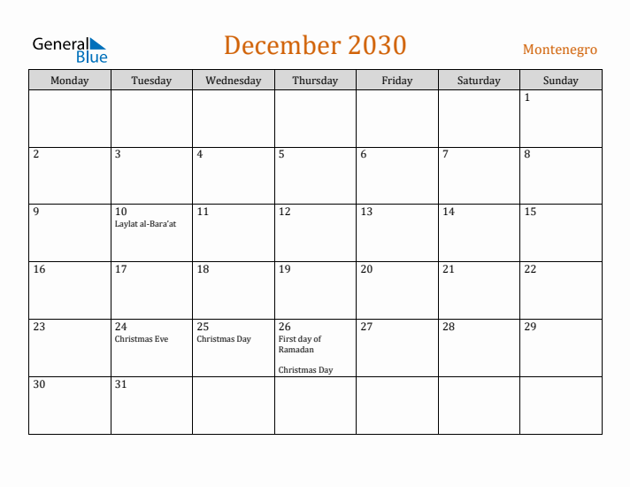 December 2030 Holiday Calendar with Monday Start
