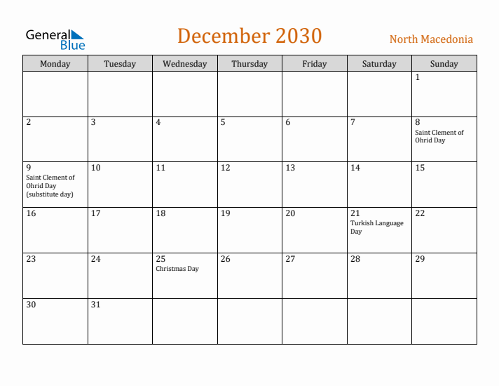 December 2030 Holiday Calendar with Monday Start