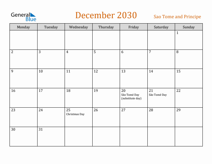 December 2030 Holiday Calendar with Monday Start