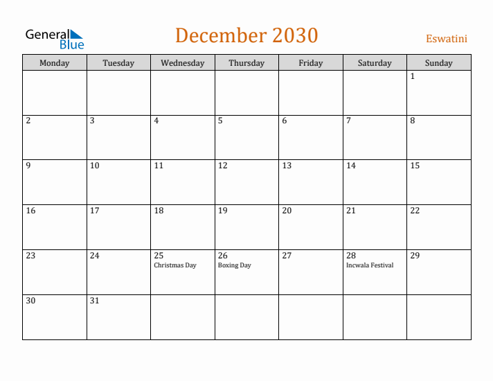 December 2030 Holiday Calendar with Monday Start