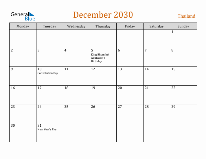 December 2030 Holiday Calendar with Monday Start