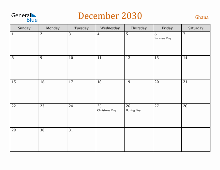 December 2030 Holiday Calendar with Sunday Start