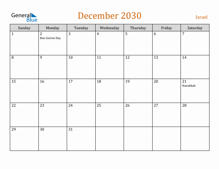December 2030 Holiday Calendar with Sunday Start