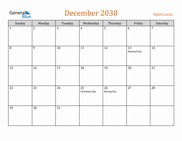 December 2030 Holiday Calendar with Sunday Start