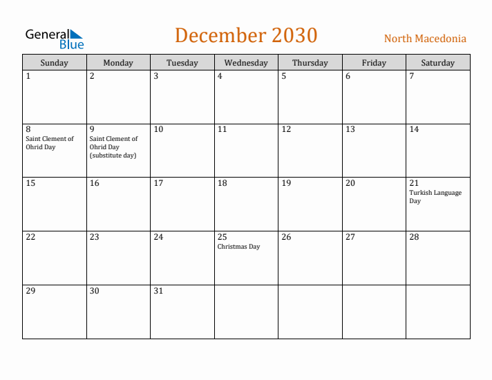 December 2030 Holiday Calendar with Sunday Start
