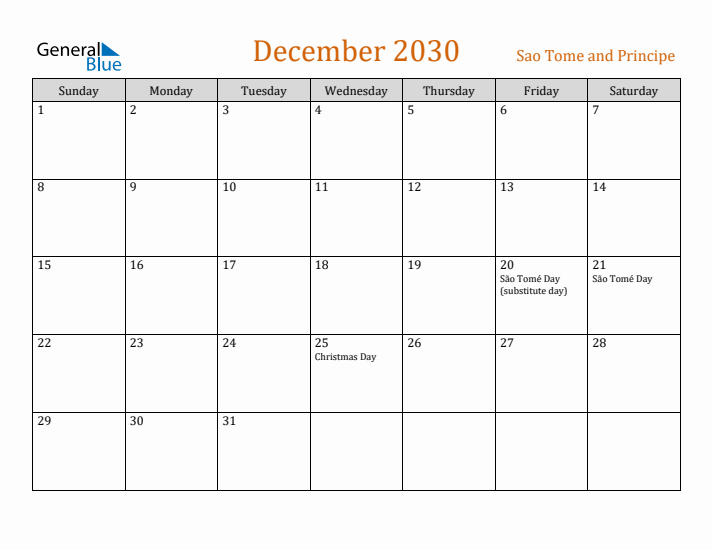 December 2030 Holiday Calendar with Sunday Start