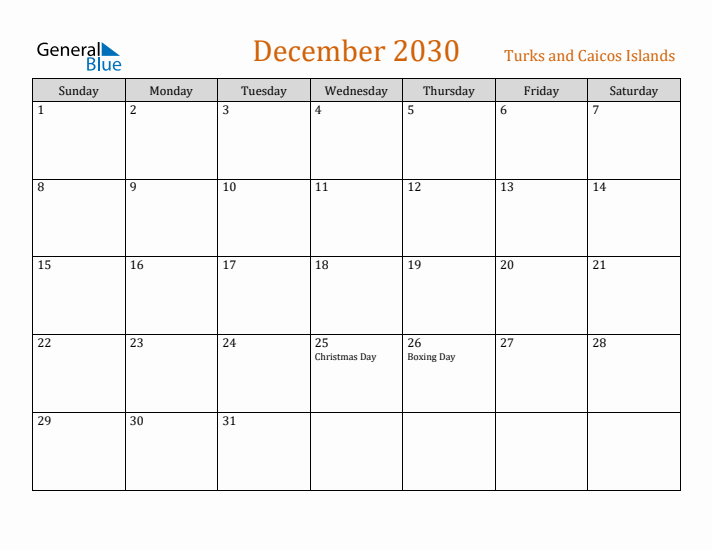 December 2030 Holiday Calendar with Sunday Start