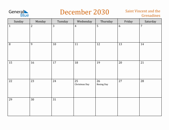 December 2030 Holiday Calendar with Sunday Start