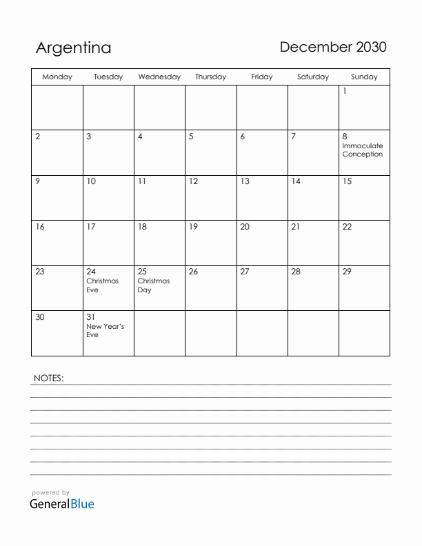 December 2030 Argentina Calendar with Holidays (Monday Start)