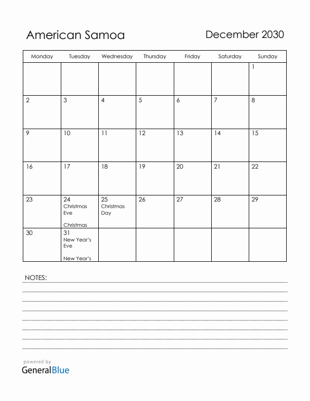 December 2030 American Samoa Calendar with Holidays (Monday Start)