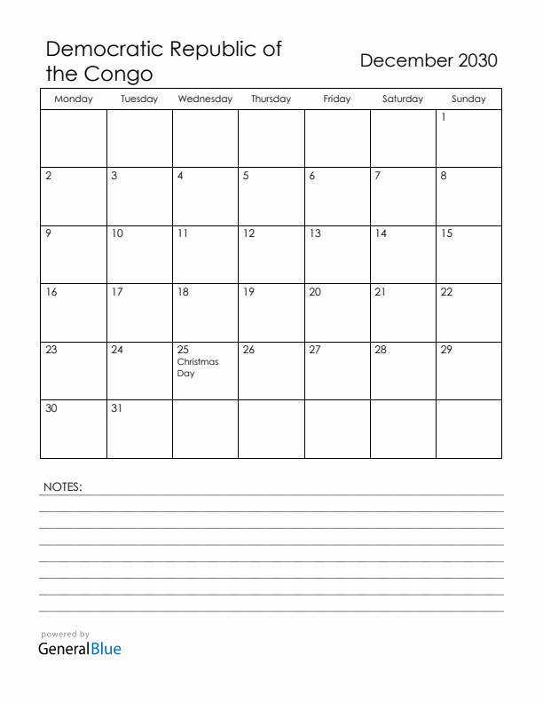 December 2030 Democratic Republic of the Congo Calendar with Holidays (Monday Start)